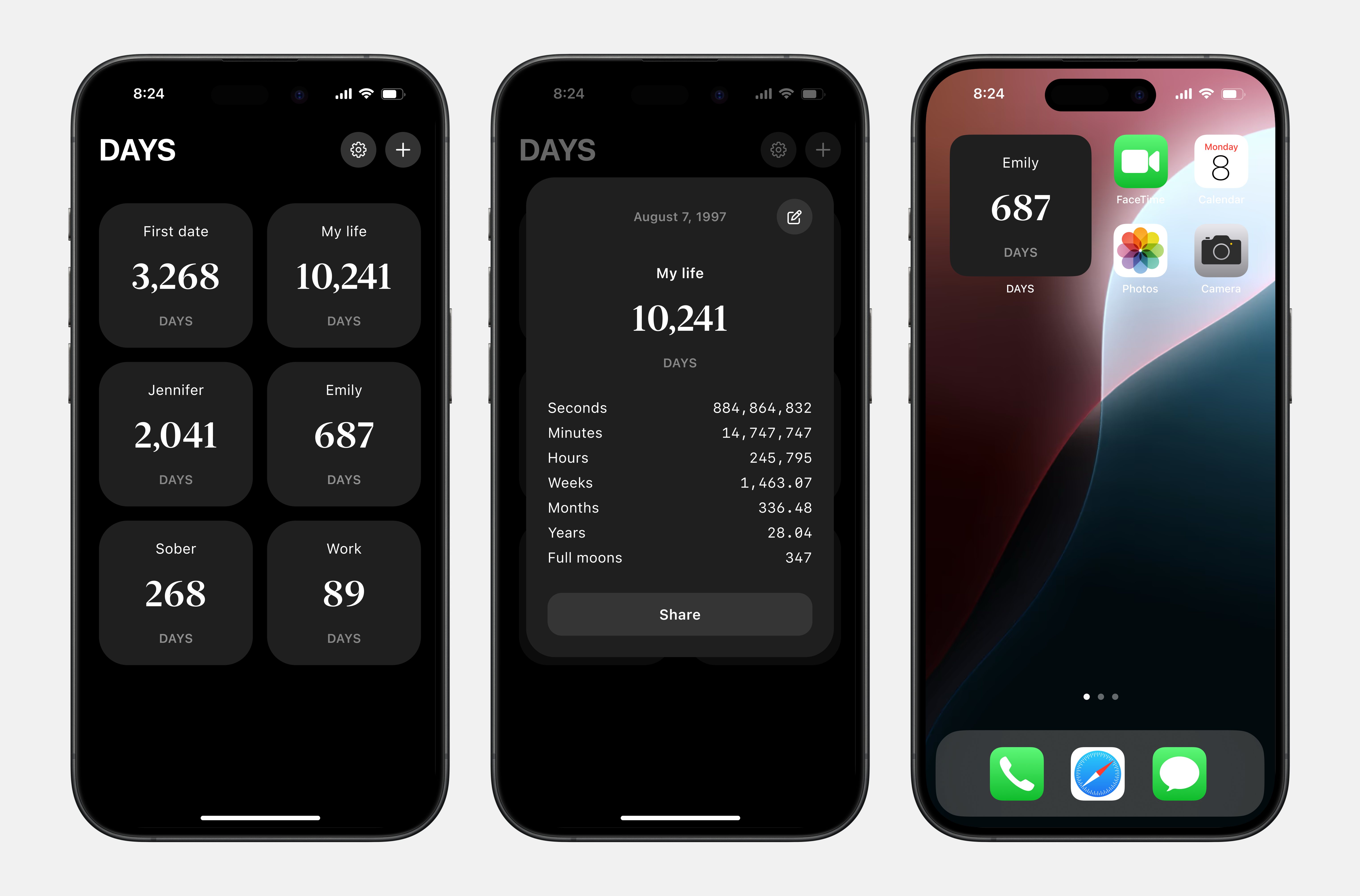 DAYS app interface showing milestone tracking